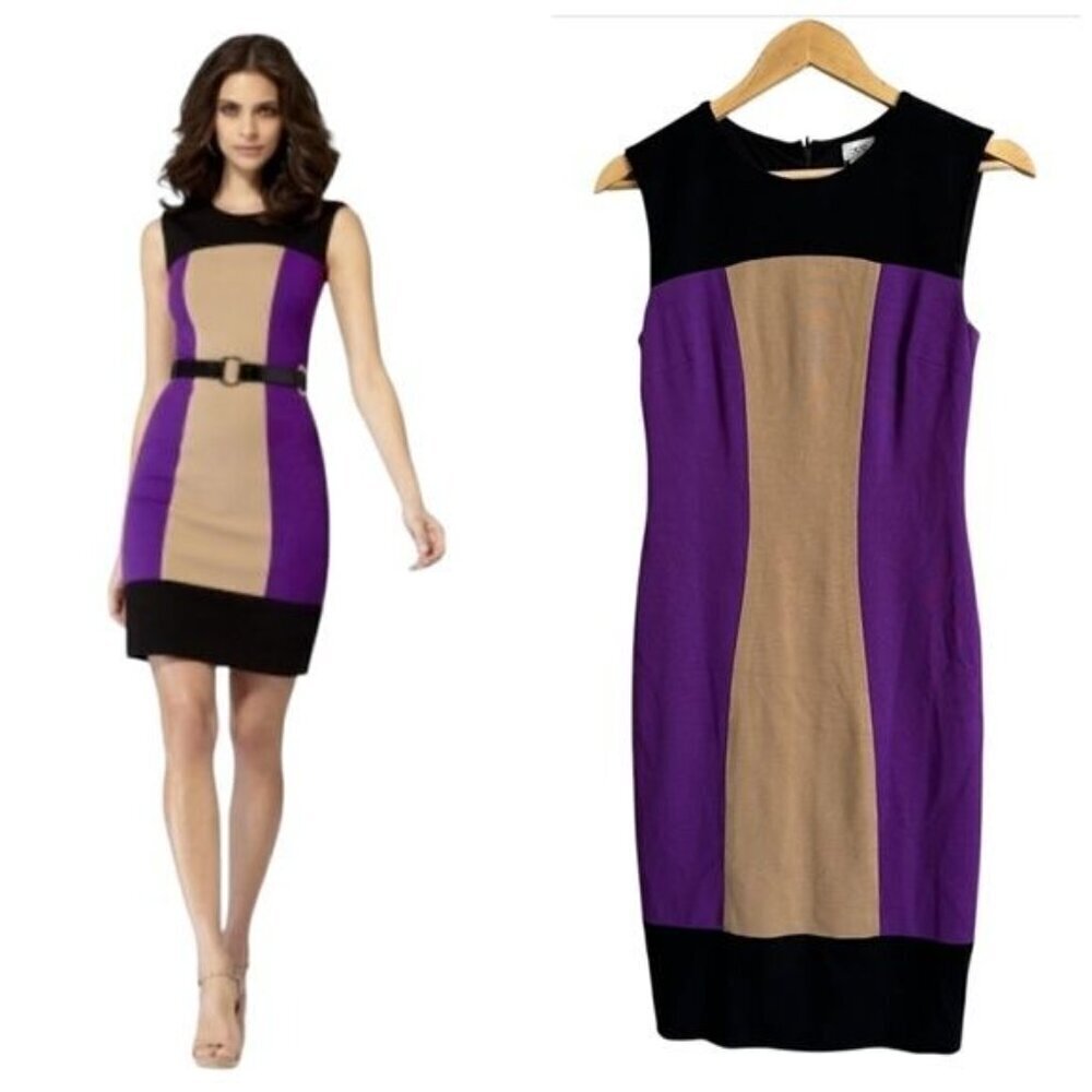 Cache Women's Size 2 Purple Black Tan Contour Colorblock Dress SheathFitted!